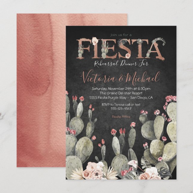 Convite Janto de Ensaio de Fiesta Mexicano Cactus Floral (Frente/Verso)
