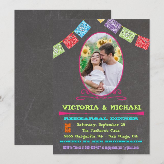 Convite Janto de Ensaio de Fiesta Mexicano Foto Chalkboard (Frente/Verso)