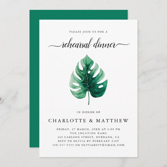 Convite Janto de ensaio de folhas tropicais verdes mínimo (Frente/Verso)