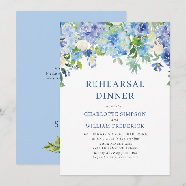 Convite Janto de ensaio de Hydrangea Azul Elegante (Frente/Verso)