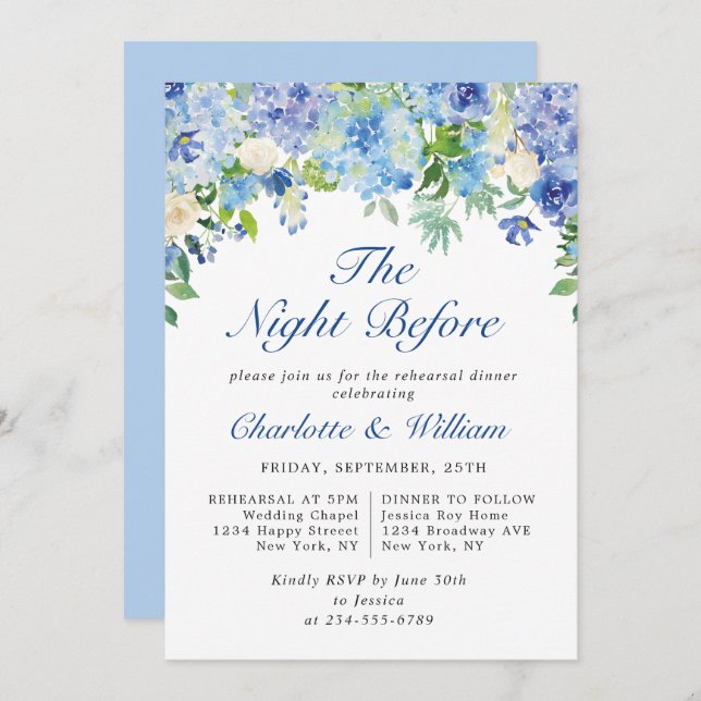 Convite Janto de ensaio de Hydrangea Azul Elegante (Frente/Verso)