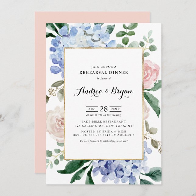 Convite Janto de ensaio de Hydrangeas Azuis e Rosas Rosa (Frente/Verso)