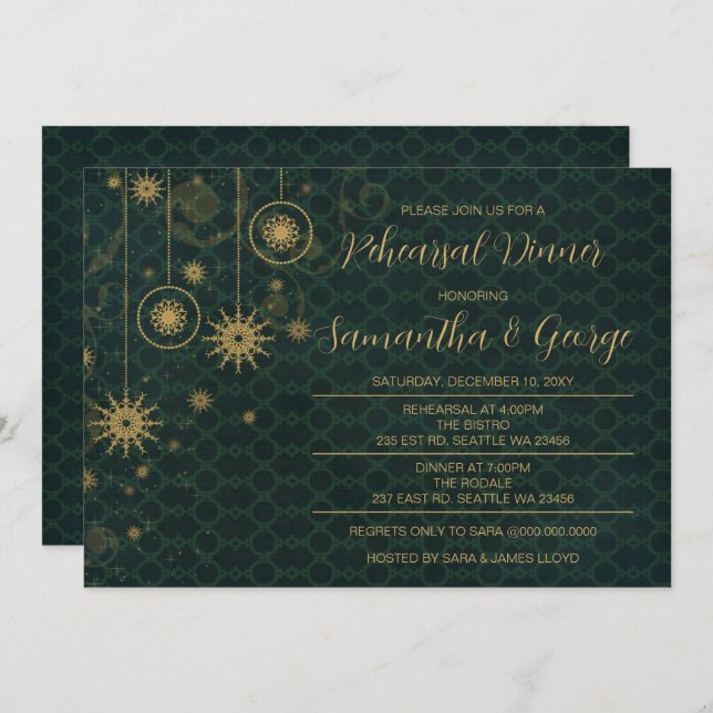 Convite Janto de ensaio de inverno com Flocos de neve verd (Frente/Verso)