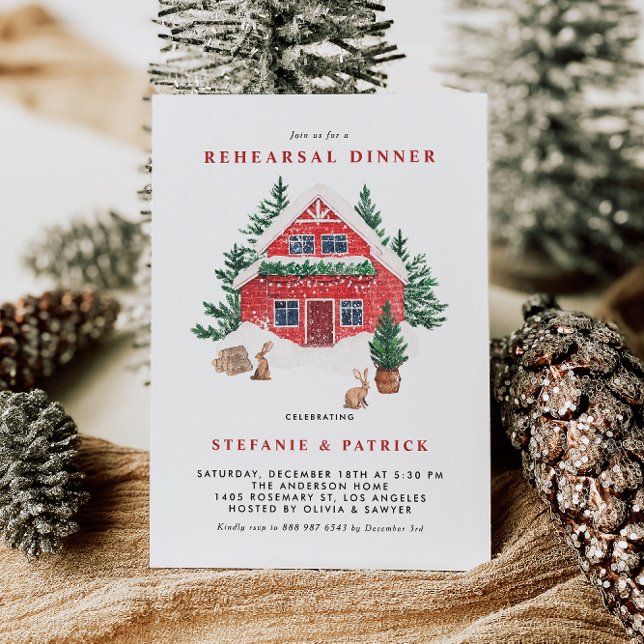Convite Janto de ensaio de inverno da Floresta de Algodão  (This rehearsal dinner invitation features a peaceful winter scene with a watercolor red cottage.)