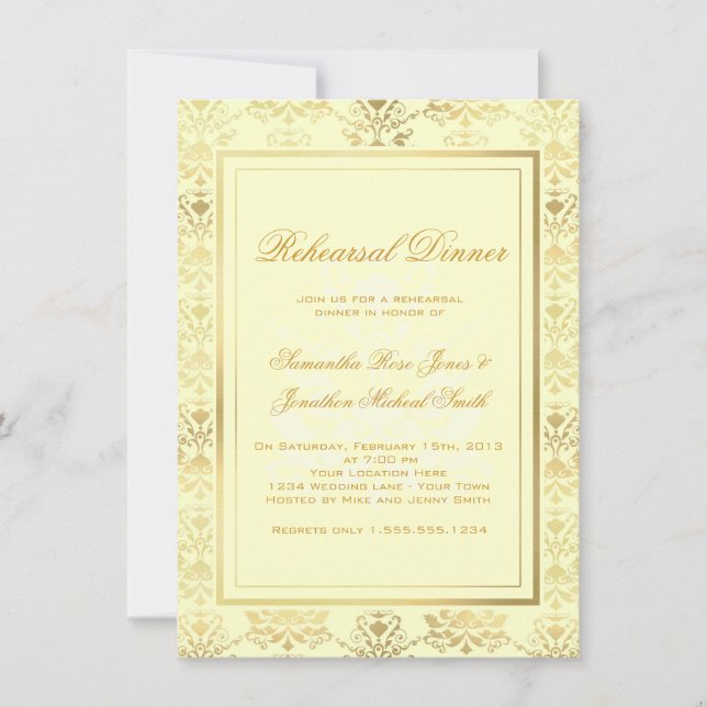 Convite Janto de Ensaio de Ivory & Dourado Damask (Frente)