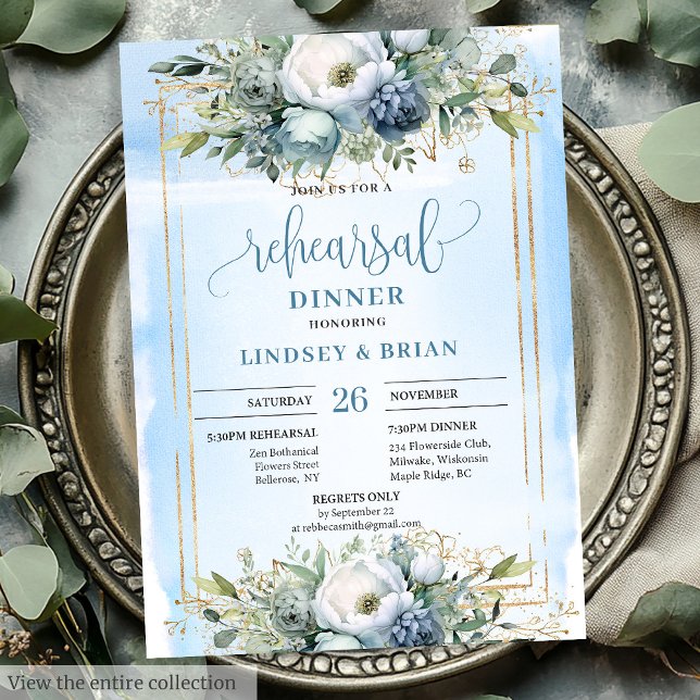 Convite Janto de Ensaio de Luminosidade Dourada Azul Moder (Modern Dusty Blue Gold Glitter Rehearsal Dinner Card)