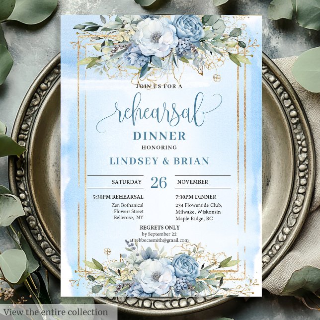 Convite Janto de ensaio de peônias brancas de Chic Boho Du (Chic Dusty Blue White Peony Rehearsal Dinner Invite)