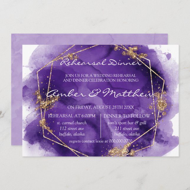 Convite Janto de ensaio de pintura Dourada com Lavanda rox (Frente/Verso)