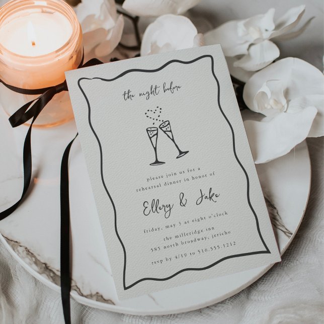 Convite Janto de ensaio de porta de champanhe (Whimsical rehearsal dinner invitation with a hand drawn scallop border)