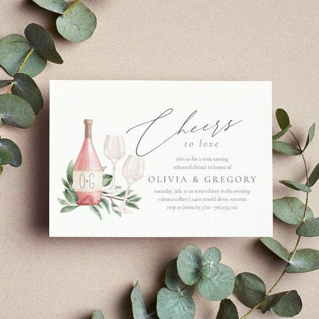 Convite Janto de ensaio de Provando de vinho animado (Elegant wine theme rehearsal dinner invitation)