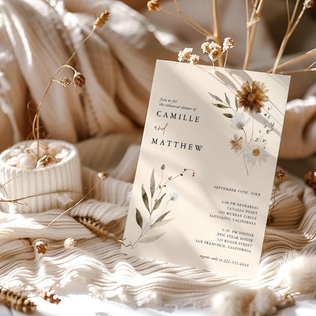 Convite Janto de Ensaio de Queda de Flor Selvagem Elegante (Fall Floral Simple Photo Rehearsal Dinner Invitation)
