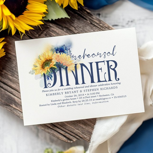 Convite Janto de ensaio de queda de Marinho azul de girass (Navy Blue and Yellow Fall Rehearsal Dinner Invitations)