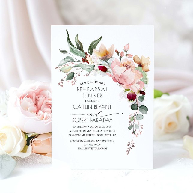 Convite Janto de Ensaio de Queda Dourada de Sangue Rosa Ru (Elegant Floral Rehearsal Dinner Invitations)