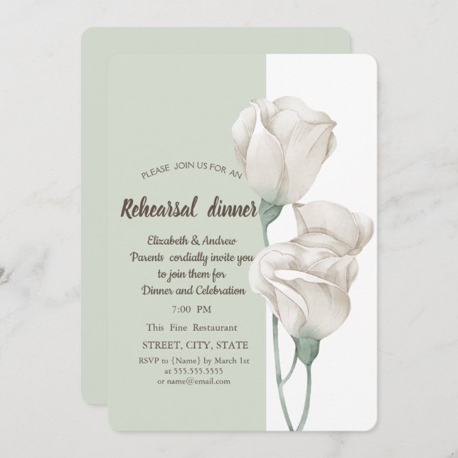 Convite Janto de ensaio de Rosas de Flores Brancas Chic (Frente/Verso)