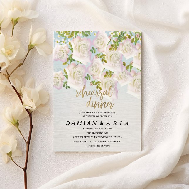 Convite Janto de ensaio de rosas de menta rosa de madeira  (Rustic white wood pink mint roses Rehearsal Dinner)