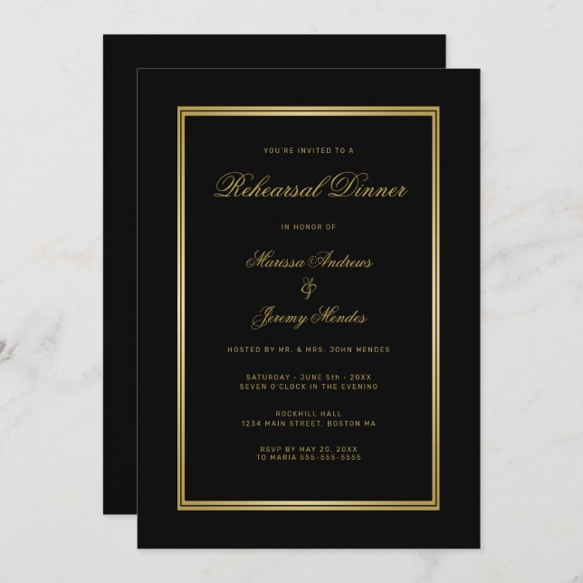 Convite Janto de Ensaio de Script Dourado Preto Elegante (Frente/Verso)