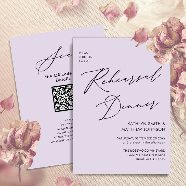 Convite Janto de Ensaio de Script Elegante Mauve, QR Mínim (Criador carregado)