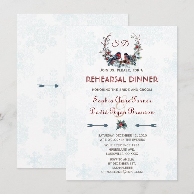 Convite Janto de ensaio de Wreath Berries Bullfinch (Frente/Verso)