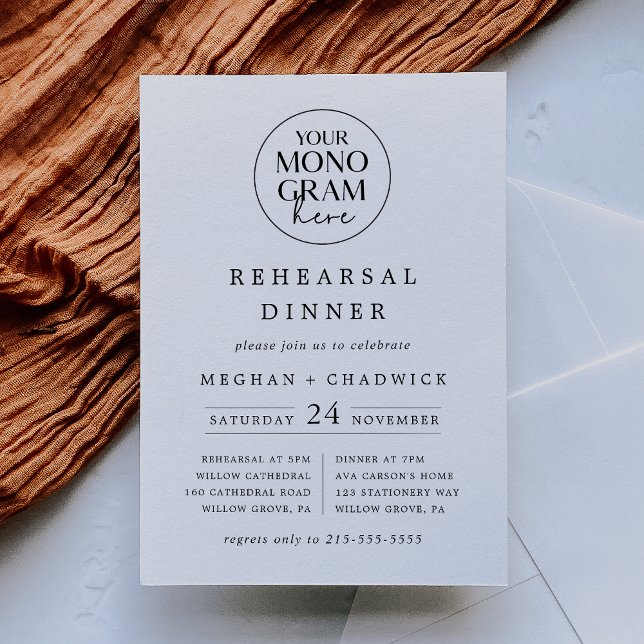 Convite Janto de ensaio do Boho Branco Preto Monograma do  (MEGHAN Monogram Black White Boho Rehearsal Dinner Invitation)