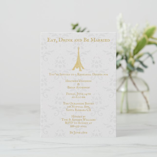 Convite Janto de ensaio do Casamento tema damasco da torre (Em pé/Frente)