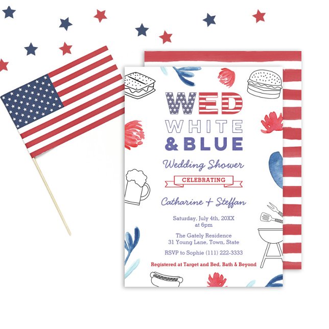 Convite Janto de ensaio do Chá Casal Azul Branco Wed (A Wed White And Blue BBQ Couples Wedding Shower Invitation)