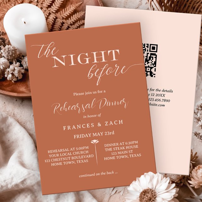 Convite Janto de ensaio do código QR na noite anterior (Modern rehearsal dinner invitation with a scripted text image "The Night Before")