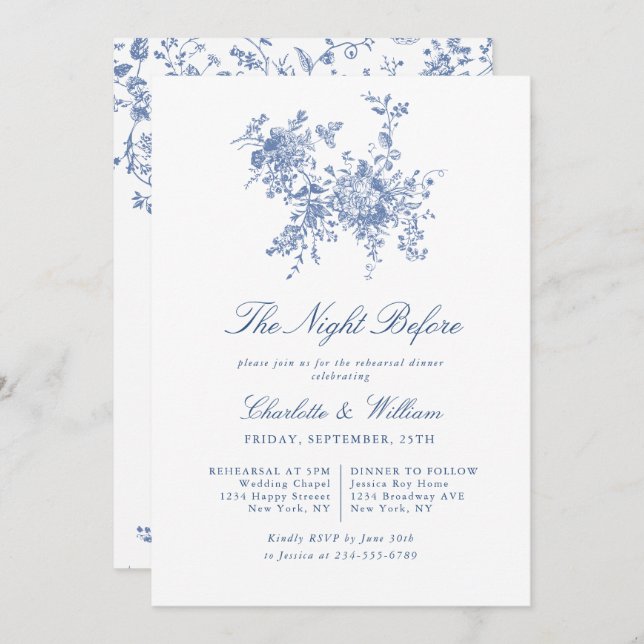 Convite Janto de ensaio do Jardim Têxtil Francês Azul Eleg (Frente/Verso)