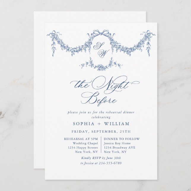 Convite Janto de ensaio do Jardim Têxtil Francês Azul Eleg (Frente/Verso)