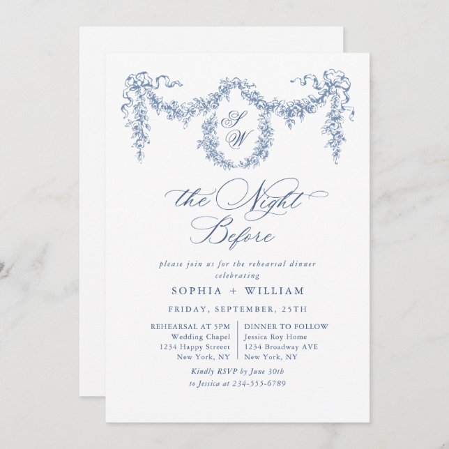 Convite Janto de ensaio do Jardim Têxtil Francês Azul Eleg (Frente/Verso)