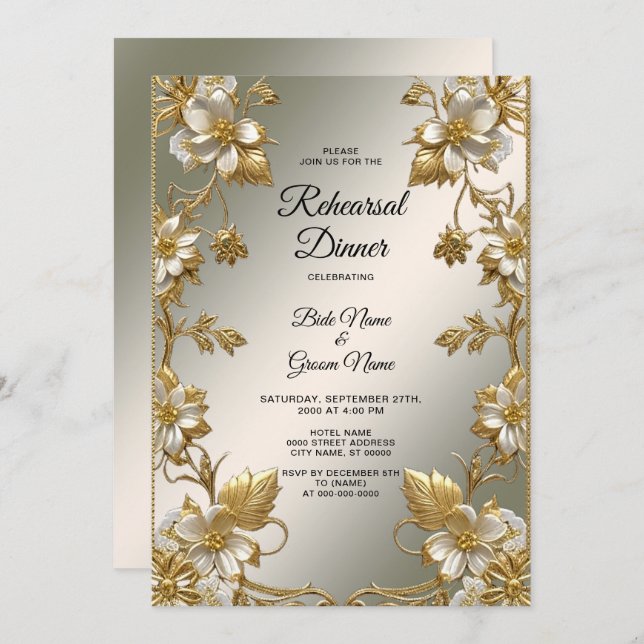 Convite Janto de ensaio do Ornamentado Dourado branco Flor (Frente/Verso)