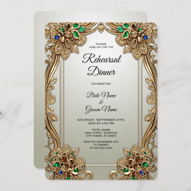 Convite Janto de ensaio do Ornamentado Dourado Elegante (Frente/Verso)