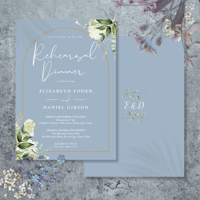 Convite Janto de Ensaio Dourado Arch Greenery Dusty Blue (Gold Arch Greenery Dusty Blue Rehearsal Dinner Invitation)
