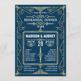 Convite Janto de Ensaio Dourado Azul de Arte Deco Wedding 