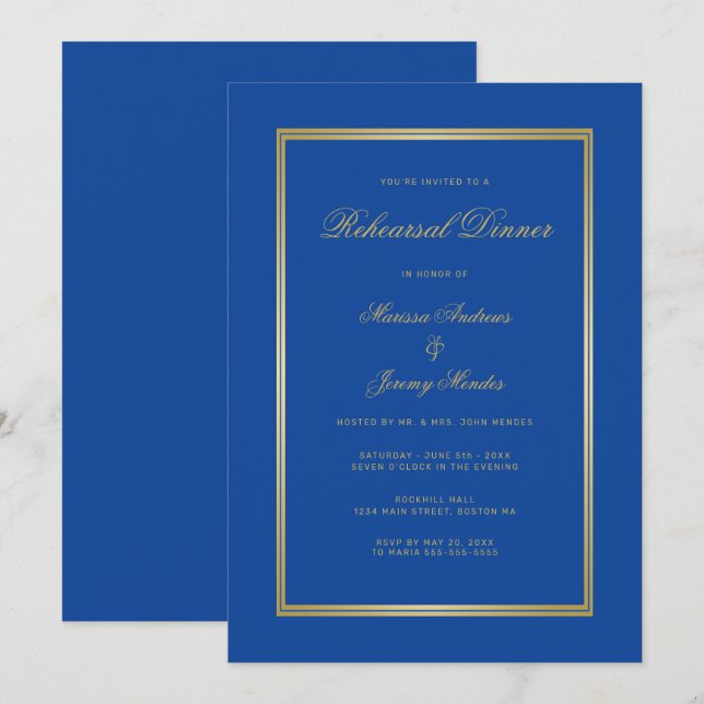 Convite Janto de ensaio Dourado azul Elegante Sapphire (Frente/Verso)