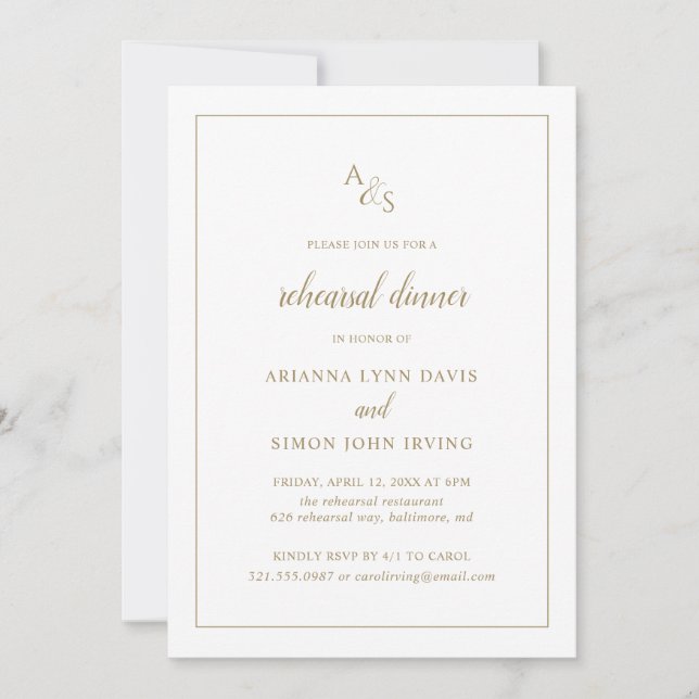 Convite Janto de ensaio Dourado do Monograma Formal Elegan (Frente)