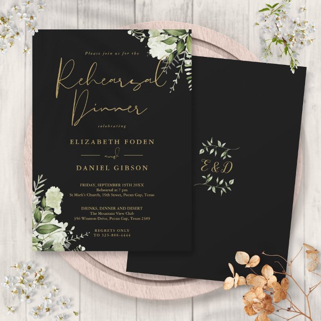 Convite Janto De Ensaio Dourado E Preto Floral De Verde (Greenery Floral Black And Gold Rehearsal Dinner Invitation)