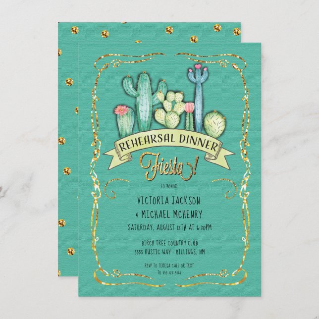 Convite Janto de ensaio Dourado Glitter Cactus Fiesta (Frente/Verso)