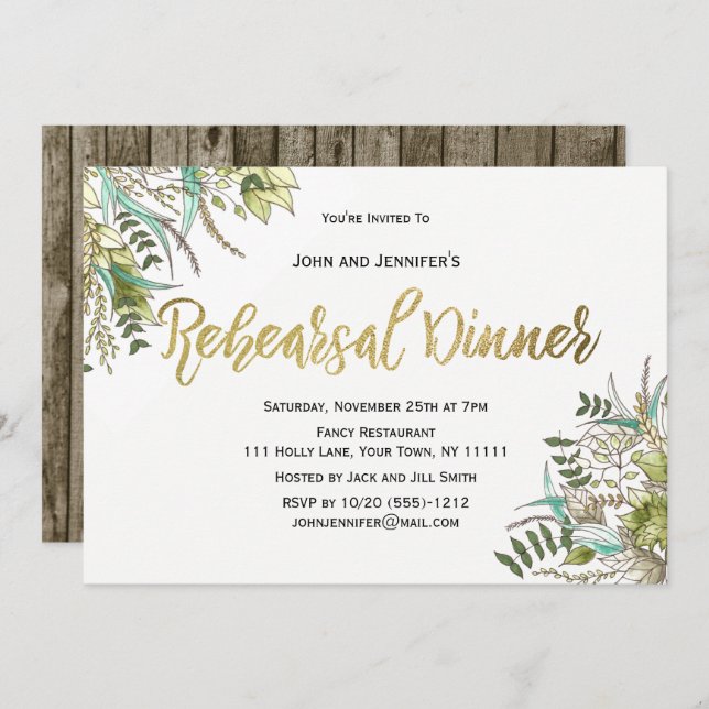 Convite Janto de Ensaio Dourado Rústico de Folha Verde de  (Frente/Verso)