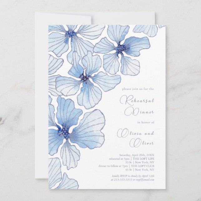 Convite Janto de ensaio Elegante Blue Flowers (Frente)