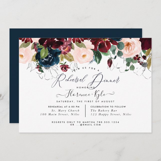 Convite Janto de ensaio elegante Borgonha+Marinho (Frente/Verso)