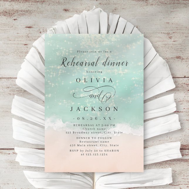Convite Janto de ensaio Elegante da praia do oceano (Elegant sparkling ocean beach Rehearsal Dinner Invitation)