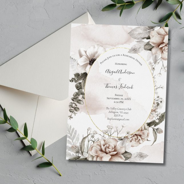 Convite Janto de Ensaio Elegante de Cinzas Rosa Escamudo F (Blush Pink Gray Floral Elegant Wedding Rehearsal Dinner Invitation)