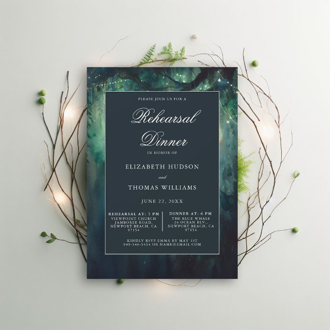 Convite Janto de Ensaio Elegante de Esmeralda Florestal En (wedding rehearsal dinner invitation enchanted forest secret garden magical theme emerald gold)