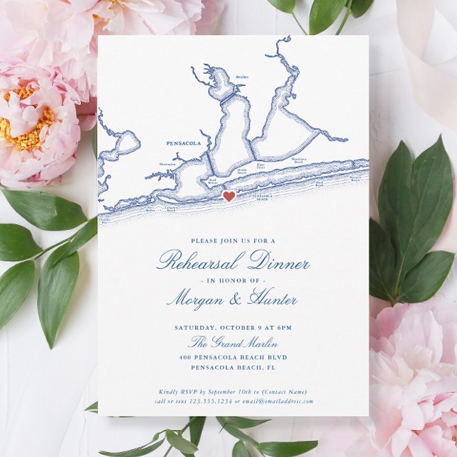 Convite Janto de ensaio Elegante de Pensacola Beach FL (Pensacola Beach Wedding Rehearsal Dinner Invitations by Coastal Map Designs)