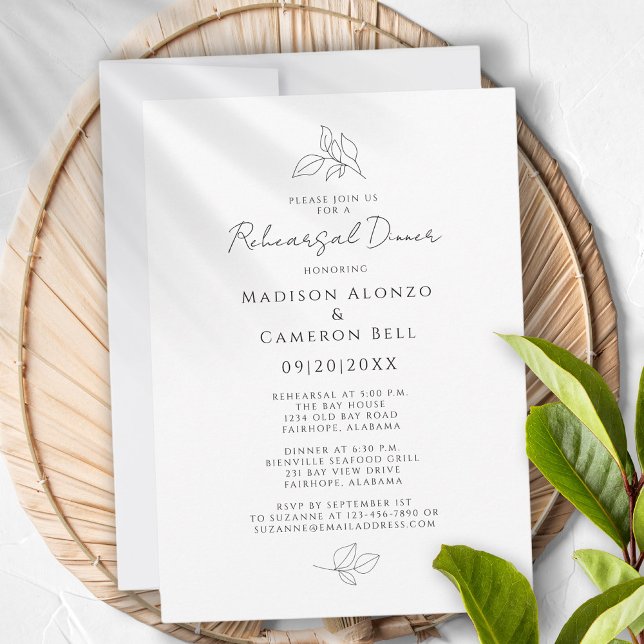 Convite Janto de ensaio elegante deixa preto e branco (Elegant Rehearsal Dinner Botanical Leaves Black & White Invitation)