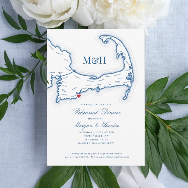 Convite Janto de ensaio Elegante do Mapa do Cabo Cod (Cape Cod Rehearsal dinner invitations with a map of the Cape are perfect for a destination wedding)