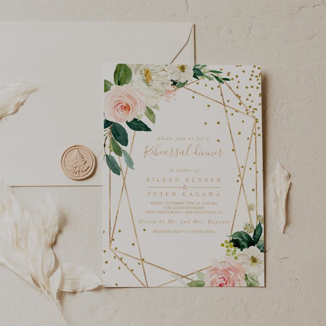 Convite Janto de ensaio elegante geométrico e verde Dourad (Criador carregado)