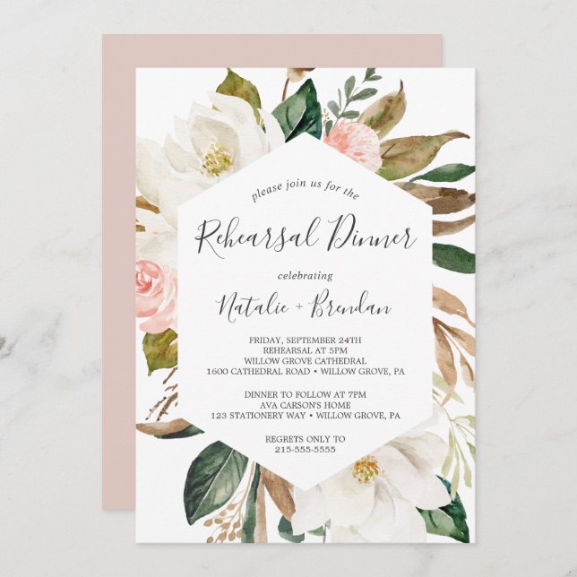 Convite Janto de ensaio Elegante Magnolia White e Blush (Frente/Verso)