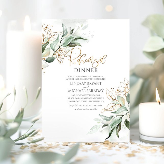 Convite Janto de ensaio Elegante sobre as Folhas Douradas (Greenery Rehearsal Dinner Invitations)