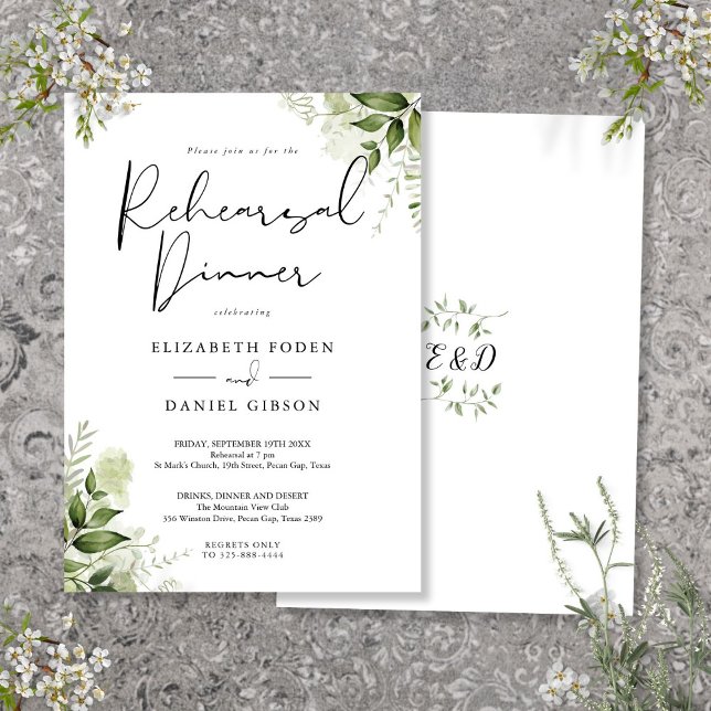 Convite Janto de Ensaio Elegante Verde Floral (Greenery Floral Elegant Rehearsal Dinner Invitation)